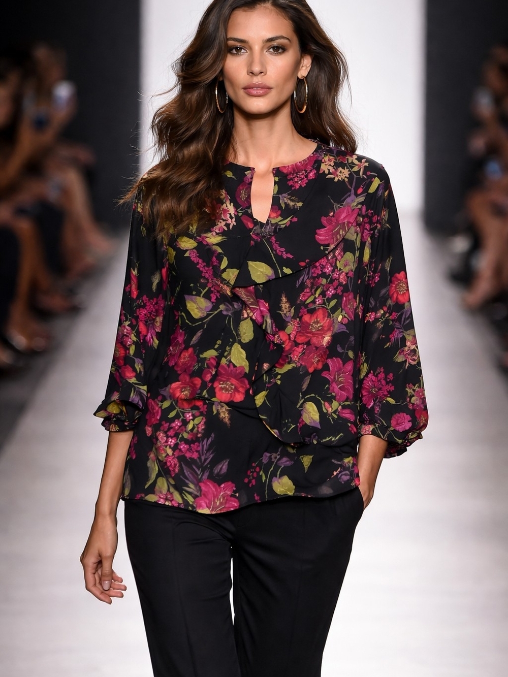 Bon Worth Black Floral Keyhole Ruffle Blouse
